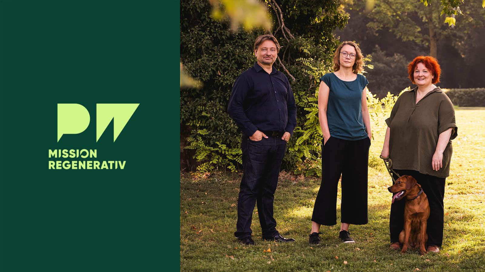 Profilwerkstatt Mission Regenerativ Logo auf grüner Fläche links, Ralf Ansorge, Dr. Claudia Klemm und Hannah Barthel rechts